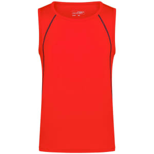 A bright red men's sports tank top with contrasting trim and a logo.