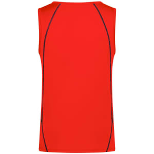 A red men's sports tank top featuring contrasting seams and a logo. Suitable for active wear.