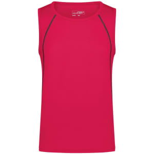 A red men's sports tank top featuring a simple design and contrasting details, with a logo on the front.