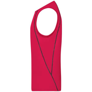 A red men's sports tank top featuring a curved design and a logo on the side.