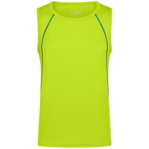 A bright yellow men's sports tank top featuring contrasting blue stitching and a logo.