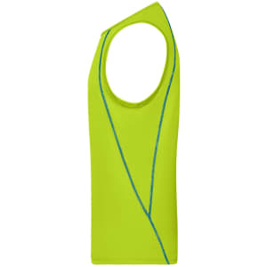 A neon green men's sports tank top with a distinctive blue seam design and a sleeveless style.