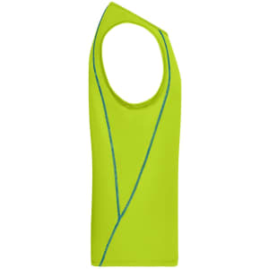 A bright green men's sports tank top featuring a unique design and a logo.