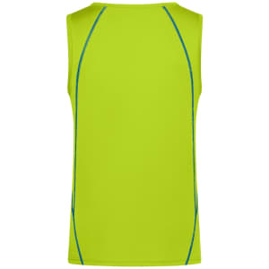 A bright green men's sports tank top featuring blue accents and a logo. The style is sleeveless and fitted.