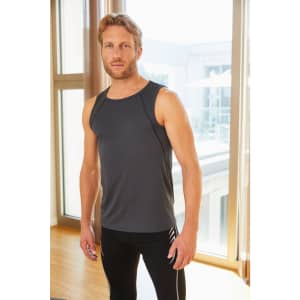 A grey men's sports tank top with a slim fit, featured indoors with natural light. The model is wearing black athletic pants.