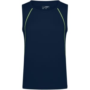 A navy men's sports tank top with lime green accents and a logo.