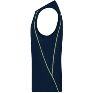 A navy men's sports tank top featuring a contrasting green side design and a sleeveless cut. It includes a logo.