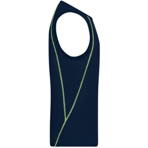 A men's sports tank top in navy blue with green detailing and a logo. It features a sleeveless design.