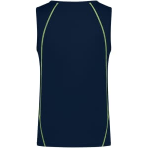 A men's sports tank top in navy blue with contrasting green stitching and a logo on the back.