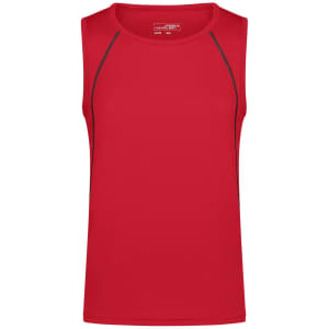 A red men's sports tank top with grey stitching and no sleeves, featuring a logo.
