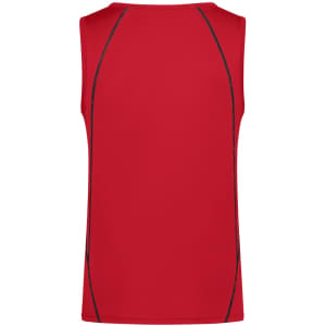 A red men's sports tank top with black stitching along the seams and a simple branded logo.