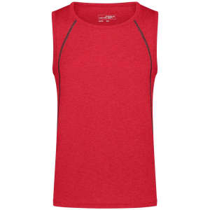 A red men's sports tank top with contrasting stitching and a logo. It features a sleeveless design.