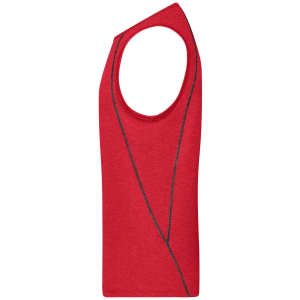 A red men's sports tank top featuring a sleeveless design and contrasting stitching. It has a logo.
