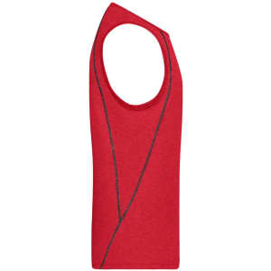 A red men's sports tank top with a sleeveless design and contrasting seams, featuring a logo.