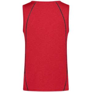 A red men’s sports tank top featuring contrasting side stitching and a branded logo.
