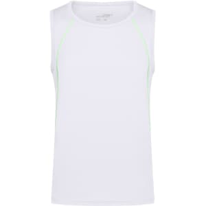 A white men's sports tank top with contrasting green seams and a logo on the upper part.