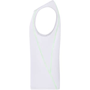 A white men's sports tank top featuring neon green accents and a logo.