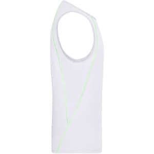 A sleeveless men's sports tank top in white with green accent stitching and a logo on the side.