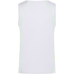A white men's sports tank top featuring neon green stitching and a simple design. It has a branding logo.