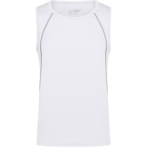A white men's sports tank top with grey detailing and a logo at the neck. Ideal for athletic activities.