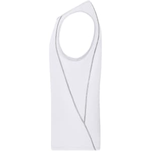 A white men's sports tank top with a unique asymmetrical design and a logo on the front.
