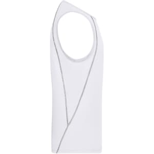 A men's sports tank top in white with a unique design and a logo on the front.