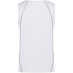 A white men's sports tank top featuring grey stitching and a logo. Suitable as a singlet.