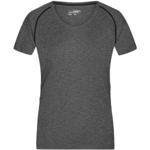 A ladies' sports T-shirt in grey with a rounded neckline and short sleeves, featuring a logo on the label.