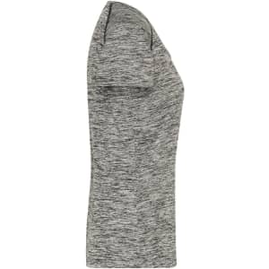 A grey ladies sports T-shirt with a fitted design and short sleeves, featuring a logo on the front.