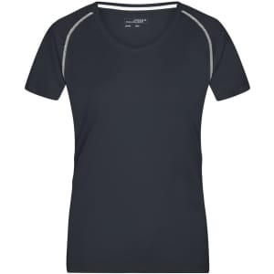 A ladies' sports t-shirt in navy blue with a crew neck and contrasting trim. It features a logo on the front.