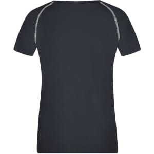 A dark navy ladies sports T-shirt with contrasting stitching, featuring short sleeves and a rounded neckline.