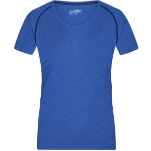 A blue ladies sports T-shirt with short sleeves and a simple design featuring a logo.