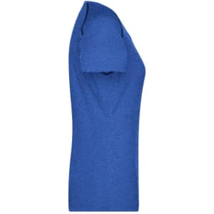 A blue ladies sports T-shirt displayed in a side view, featuring short sleeves and a fitted design.