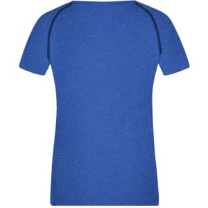 A blue ladies sports t-shirt featuring short sleeves and a fitted design, with a logo on the back.