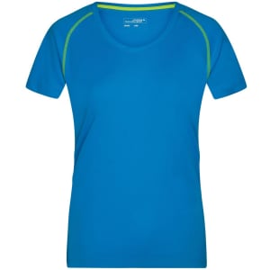 A ladies' sports T-shirt in blue, featuring a fitted design and green accents along the neckline. It has a logo.