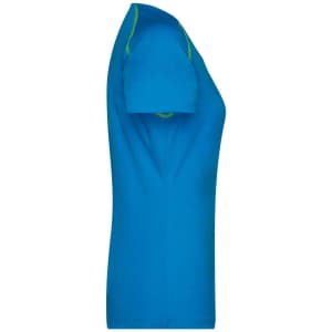 A blue ladies sports t-shirt with green detailing on the sleeves and a fitted design. Features a logo.