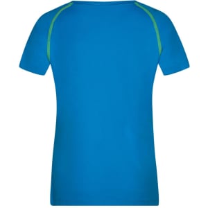 A blue ladies sports T-shirt with short sleeves and green detailing on the shoulders. It features a logo.