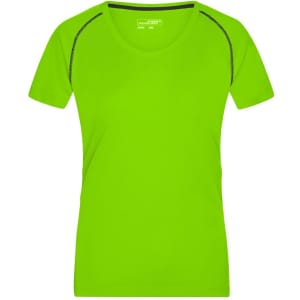 A bright green ladies sports t-shirt with short sleeves and contrasting stitching. It features a logo.