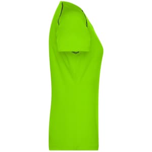A bright green ladies sports t-shirt with a fitted silhouette and short sleeves, featuring a logo.