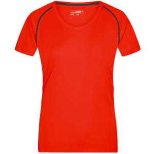 A red ladies sports T-shirt featuring short sleeves and a contrast trim. It includes a logo on the back.