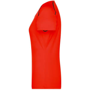 A side view of a ladies sports t-shirt in vibrant red, featuring short sleeves and a logo.