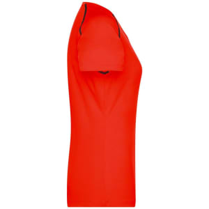 A red ladies sports T-shirt with a fitted design, featuring a contrasting colour trim and a logo.