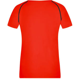 A red ladies sports T-shirt with short sleeves and contrasting seams at the shoulders. Features a logo.