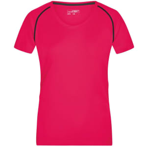 A fitted ladies sports T-shirt in bright pink with black detailing along the shoulders. Features a logo.