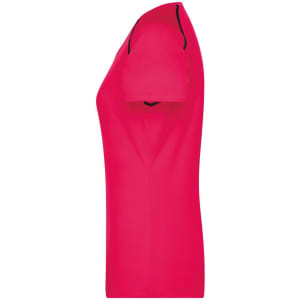 A side view of a ladies' sports t-shirt in bright pink, featuring a black accent and a logo.