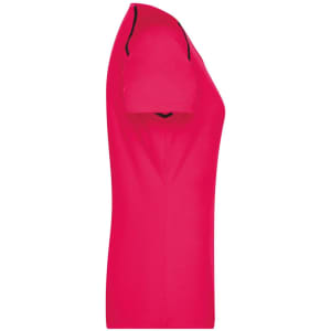 A pink ladies sports T-shirt with short sleeves and a fitted design, featuring a contrasting trim.