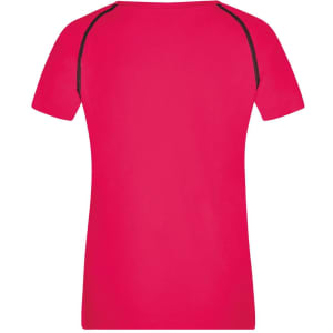A bright pink ladies sports T-shirt with short sleeves and black detailing on the shoulders.