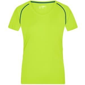 A ladies' sports T-shirt in bright lime green with contrasting blue stitching and a fitted design. It has a logo.