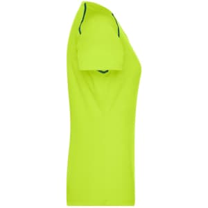 A ladies' sports T-shirt in bright yellow with short sleeves and blue stitching. It features a logo.