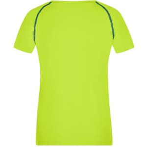 A bright lime green ladies sports T-shirt with short sleeves and contrasting seams. It features a logo on the design.
